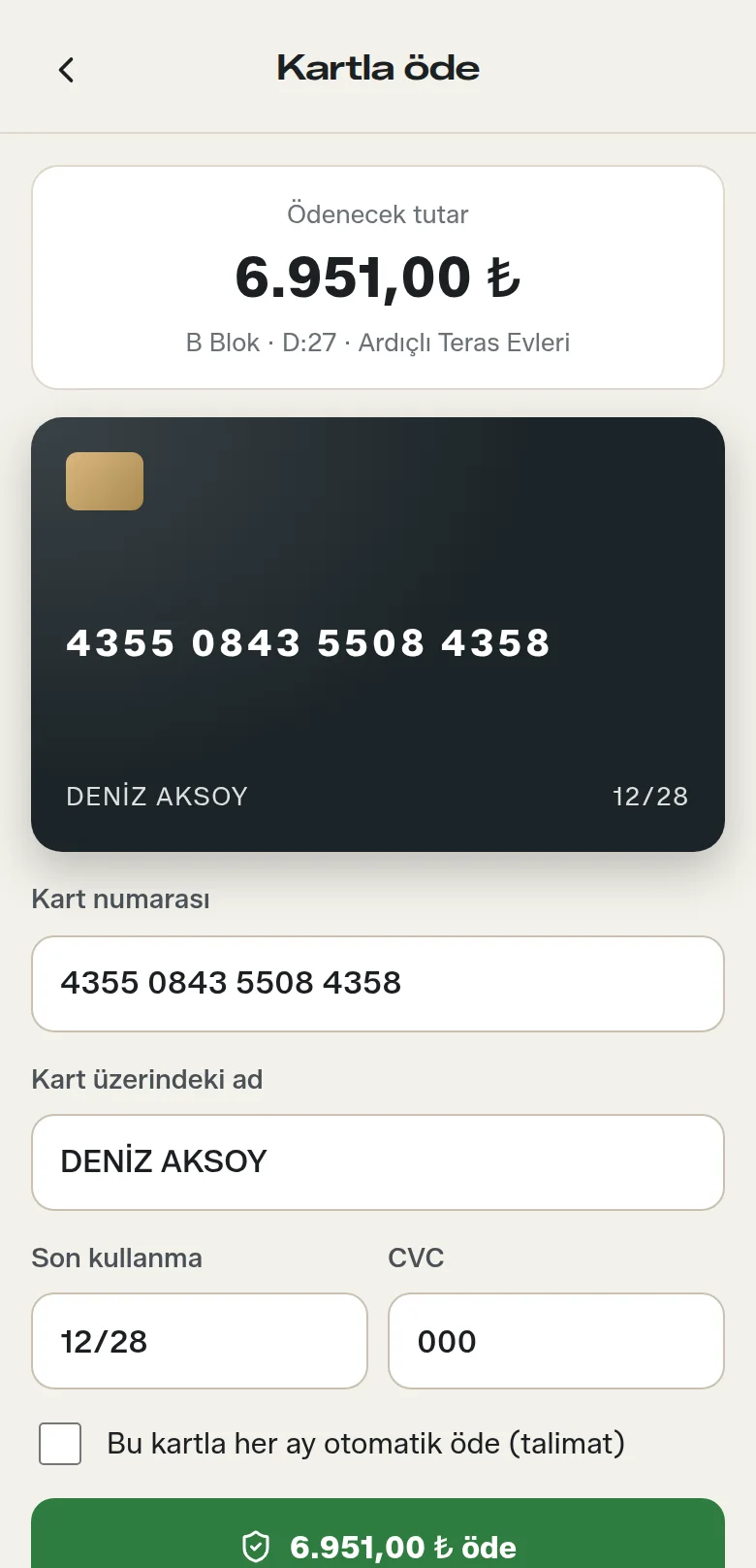 Sakin uygulaması kartla ödeme